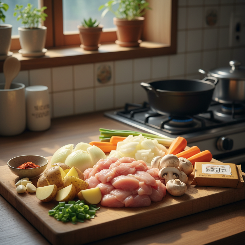 카레라이스 주재료를 손질 크기에 맞춰 정리한 이미지