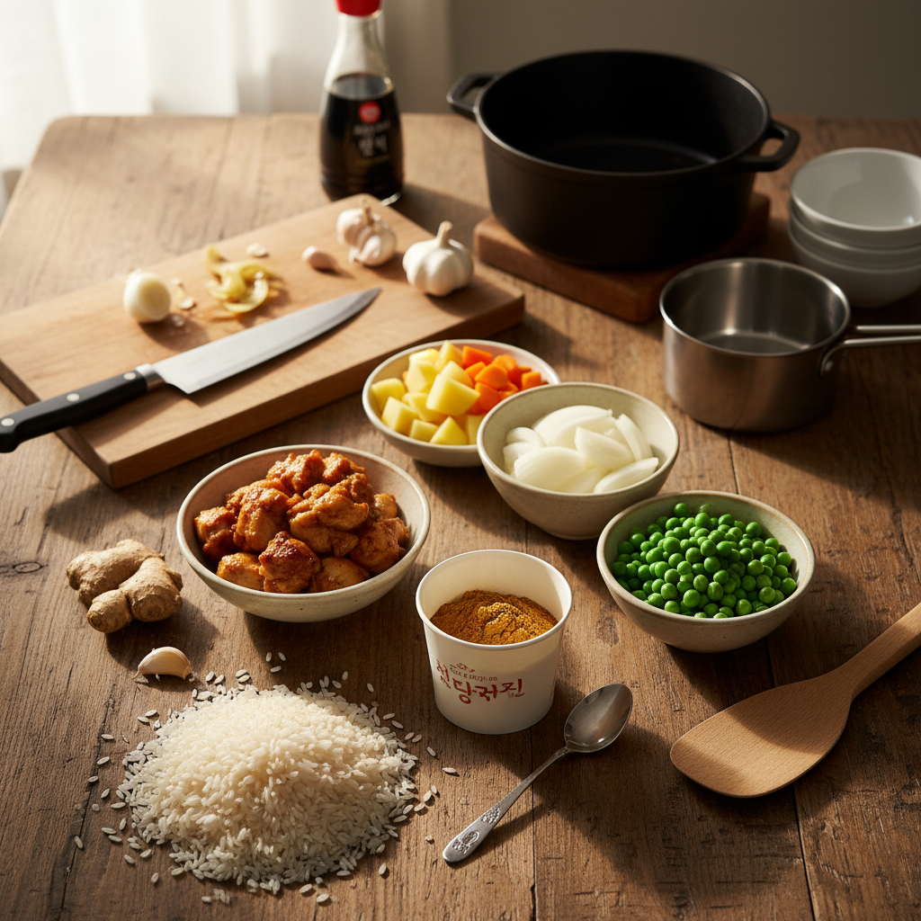 카레라이스 재료를 종이컵과 밥숟가락 기준으로 준비한 이미지