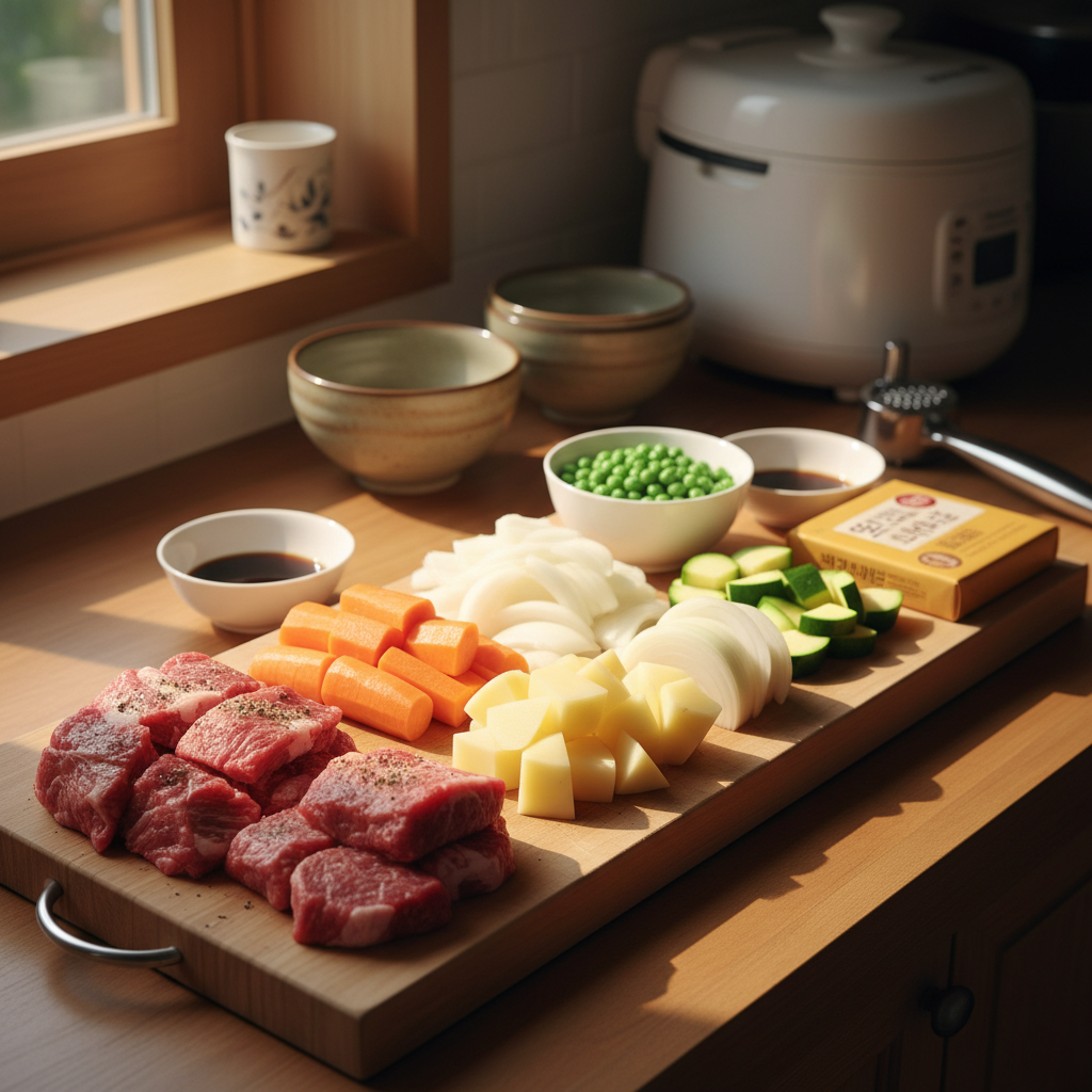 카레라이스 도마 위에 채소와 부재료를 정리한 이미지