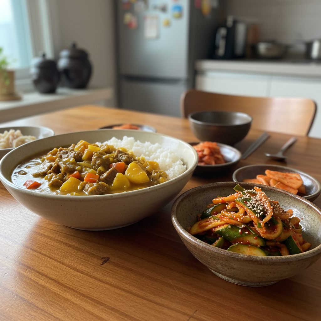 카레라이스 다음으로 곁들이기 좋은 음식과 함께 놓은 이미지