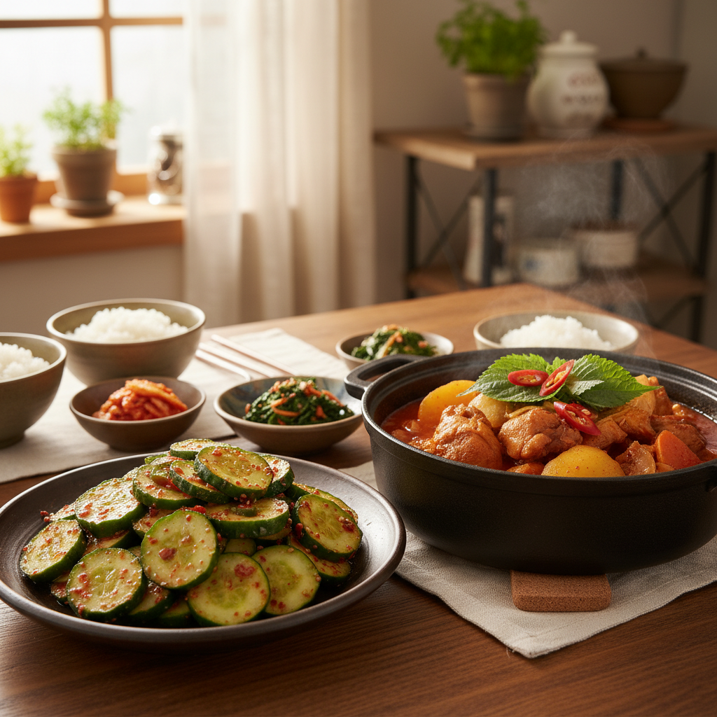 오이무침 다음으로 곁들이기 좋은 음식과 함께 놓은 이미지