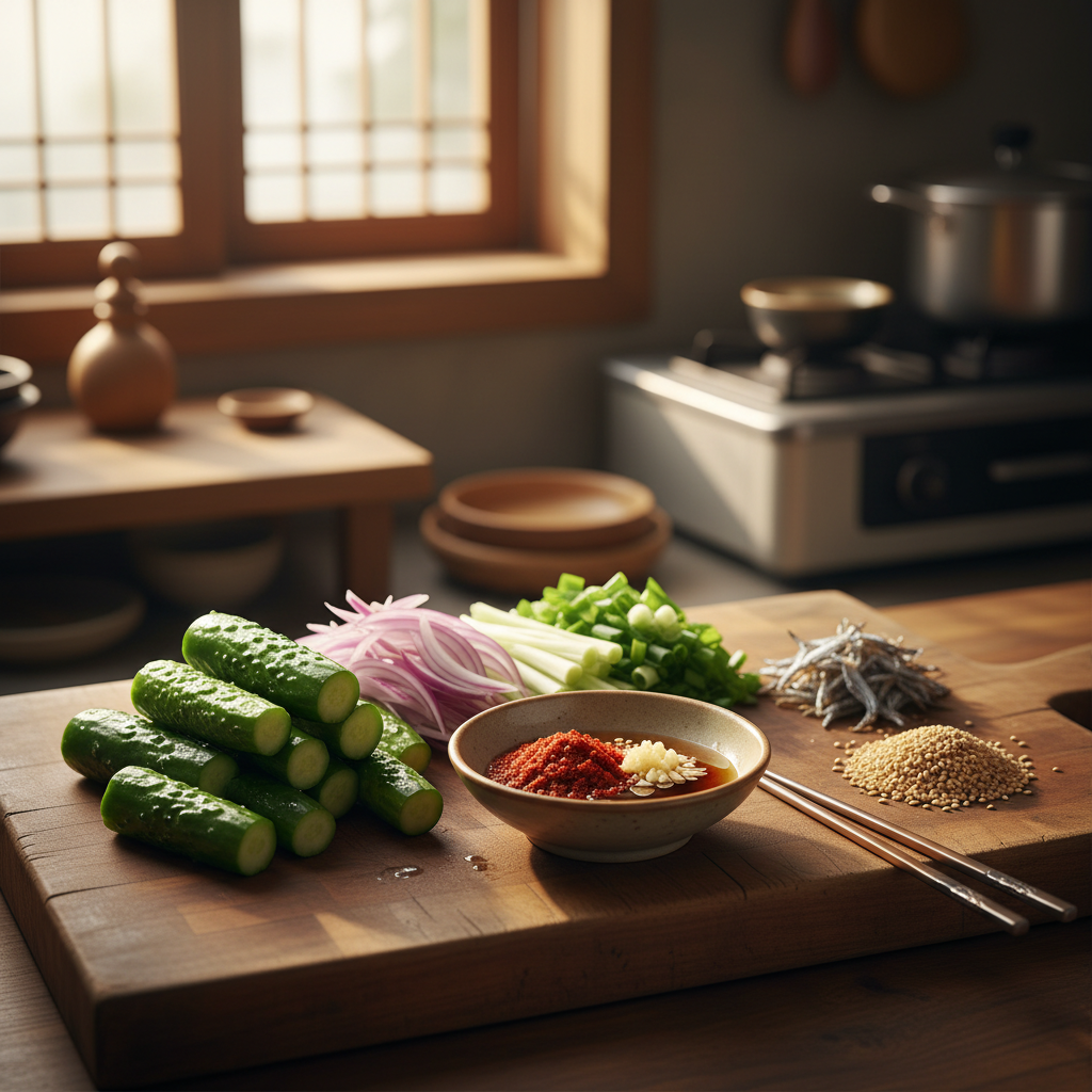오이무침 도마 위에 채소와 부재료를 정리한 이미지