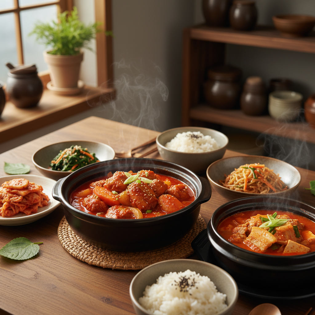 닭볶음탕 다음으로 곁들이기 좋은 음식과 함께 놓은 이미지