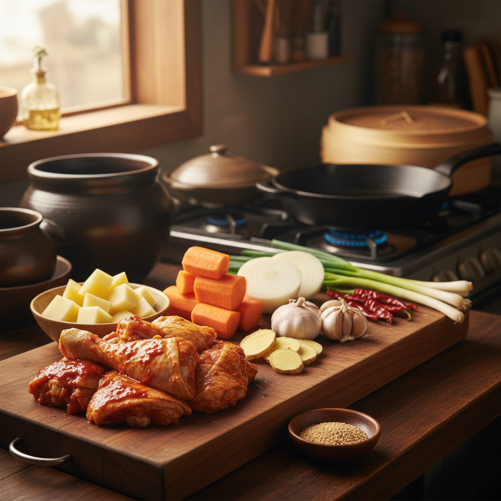 닭볶음탕 도마 위에 채소와 부재료를 정리한 이미지