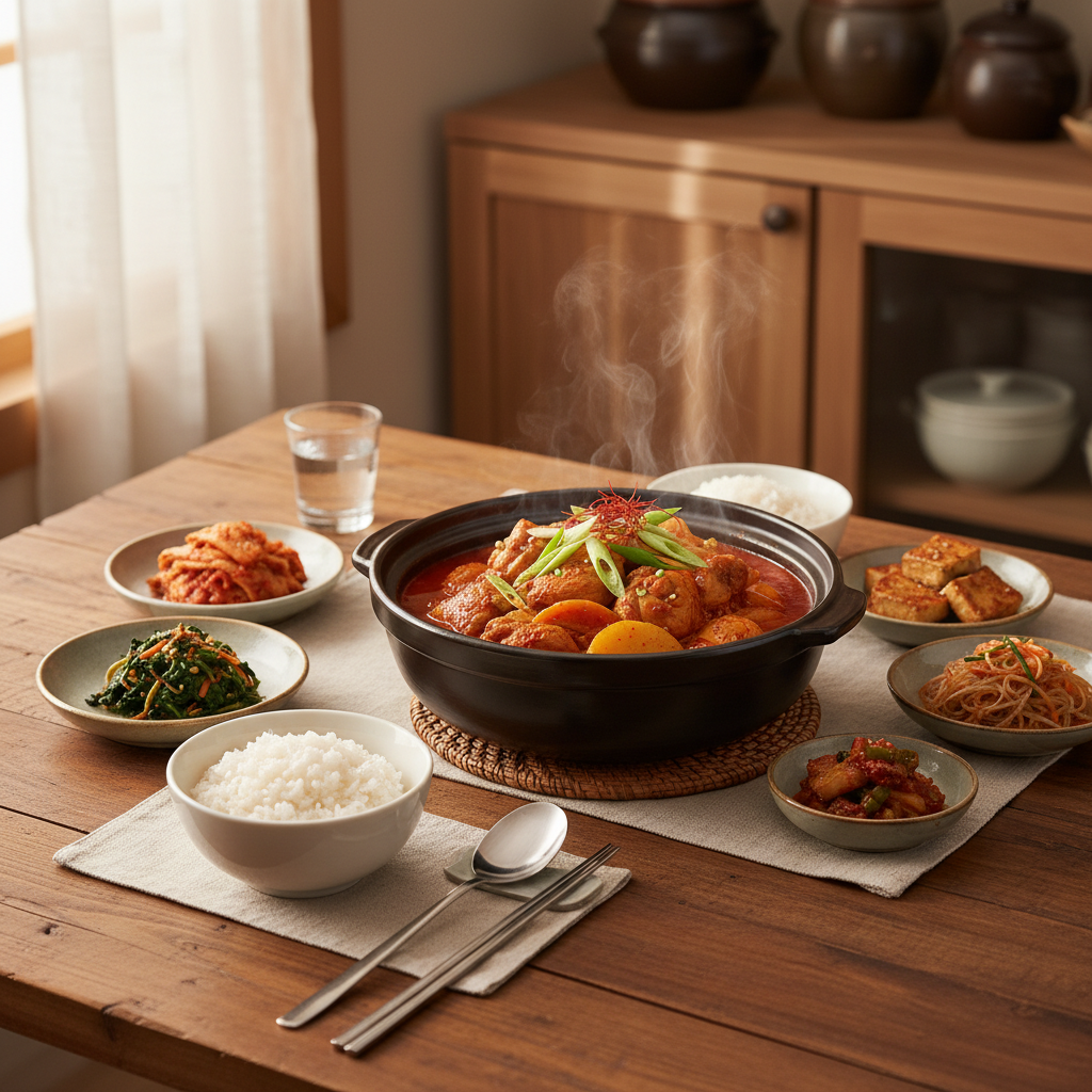 닭볶음탕 완성된 음식과 반찬을 함께 차린 이미지