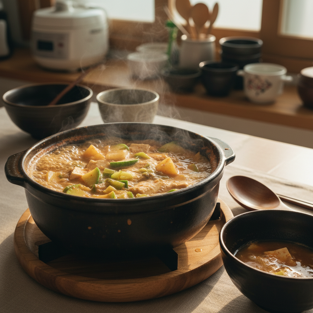 된장찌개 완성된 한 상 차림 이미지