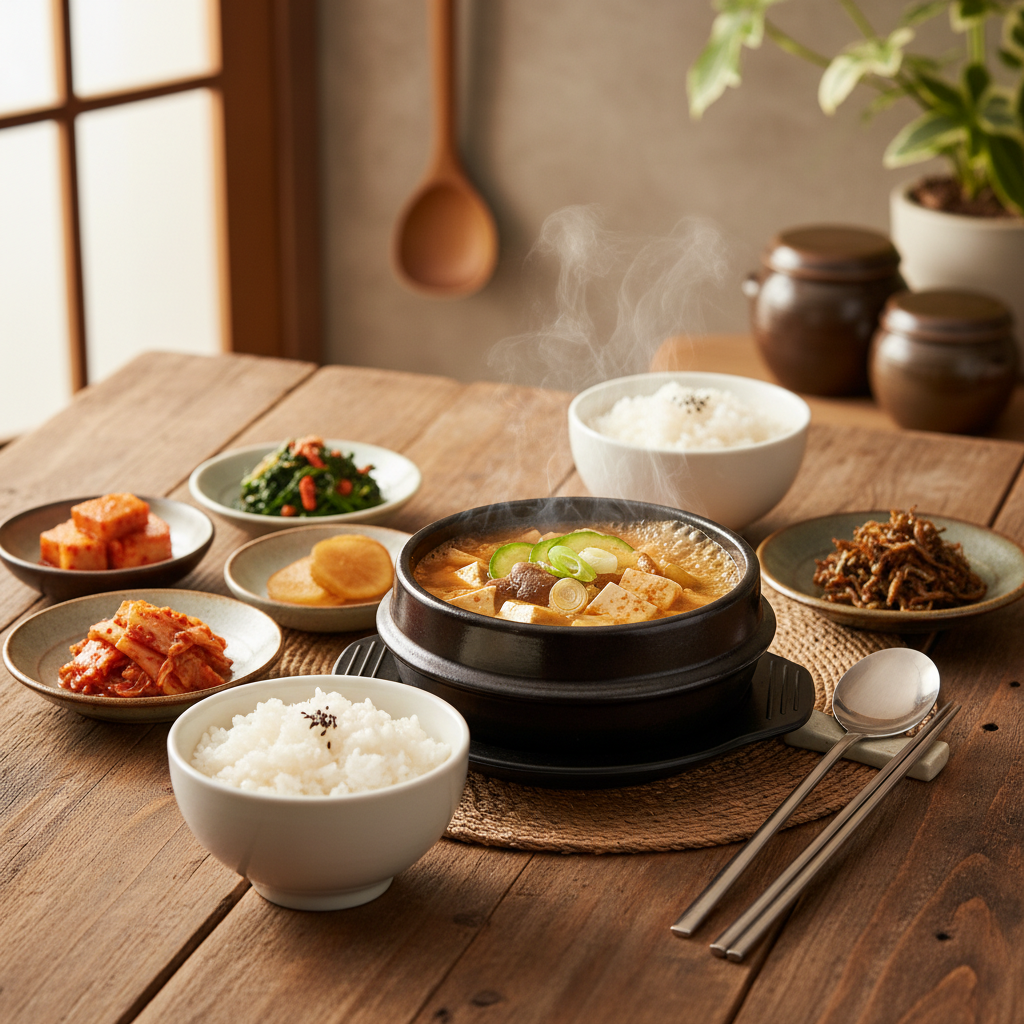 된장찌개 완성된 음식과 반찬을 함께 차린 이미지