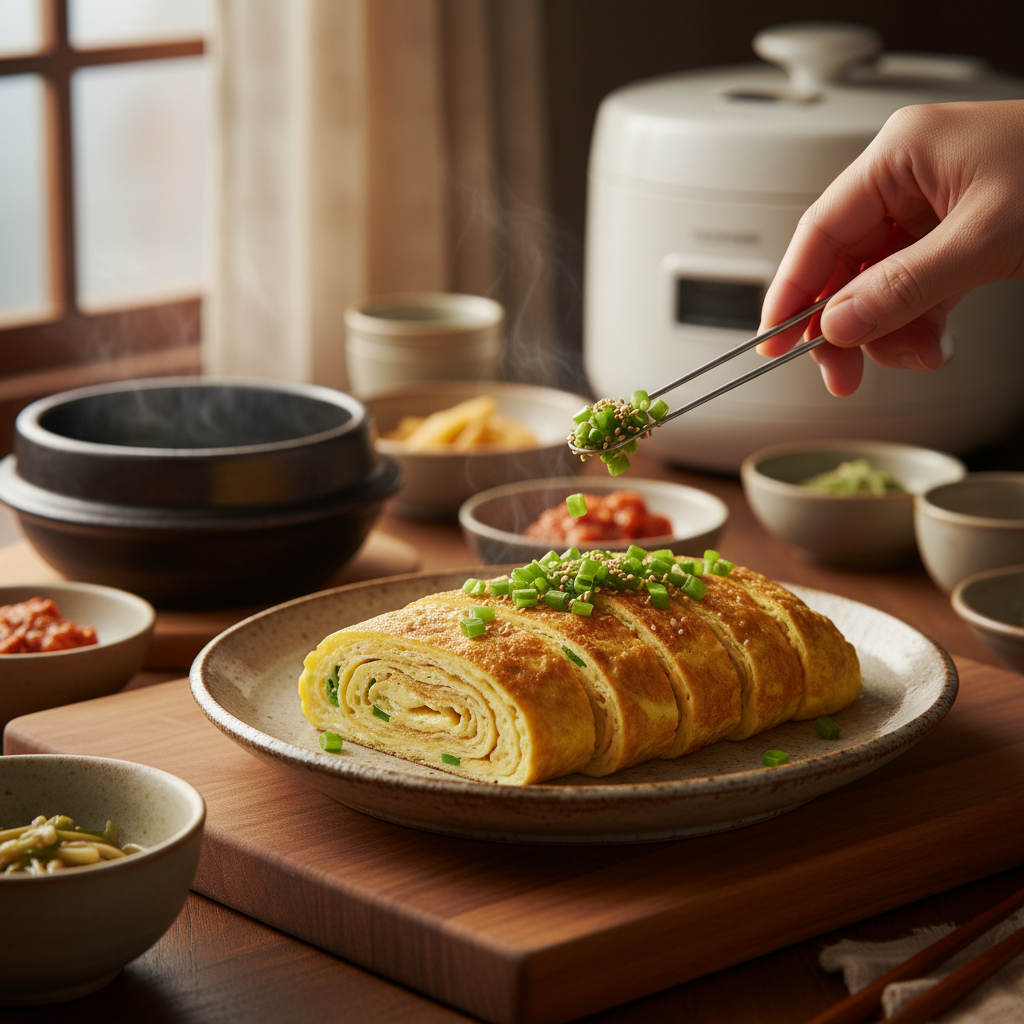 계란말이 대파나 마지막 재료를 넣는 이미지