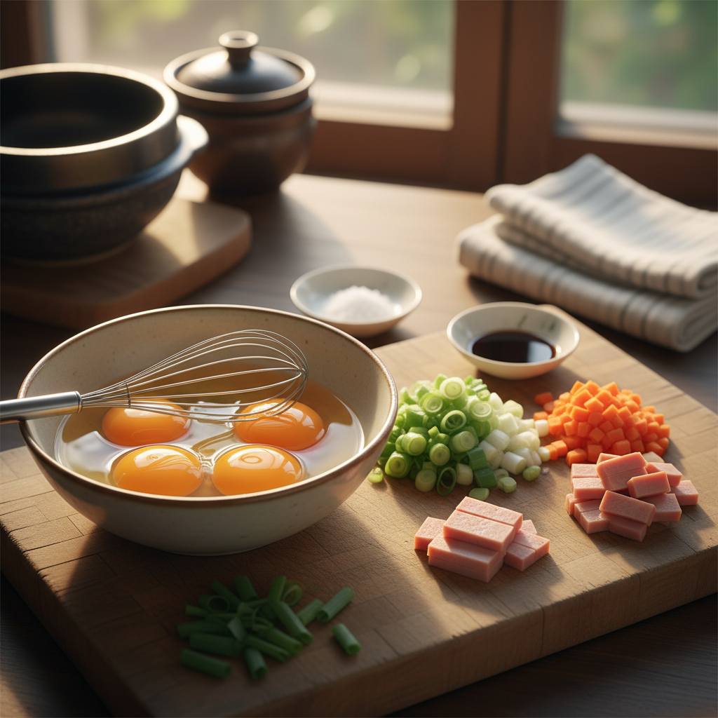 계란말이 주재료를 손질 크기에 맞춰 정리한 이미지