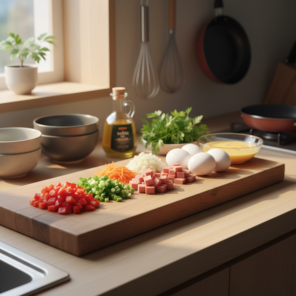 계란말이 도마 위에 채소와 부재료를 정리한 이미지