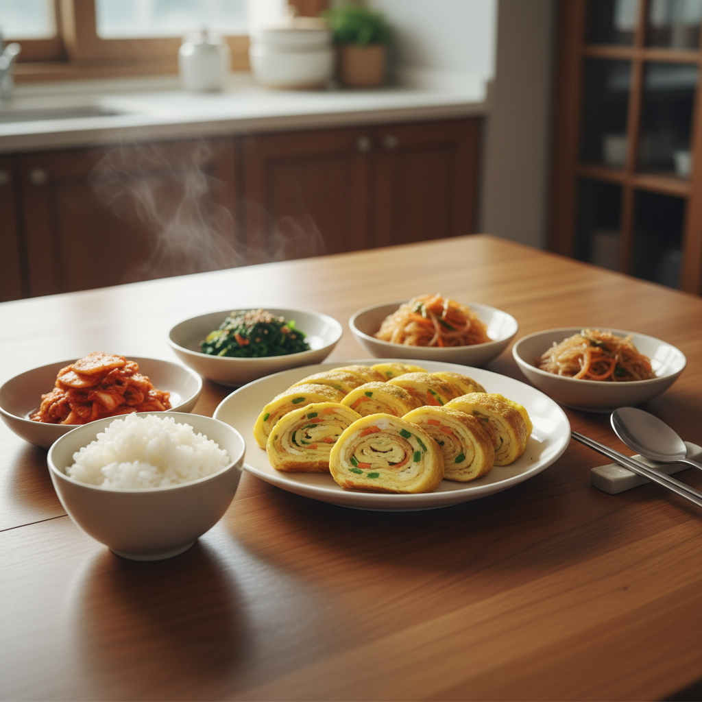 계란말이 완성된 음식과 반찬을 함께 차린 이미지
