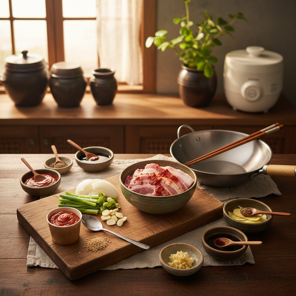 제육볶음 재료를 종이컵과 밥숟가락 기준으로 준비한 이미지