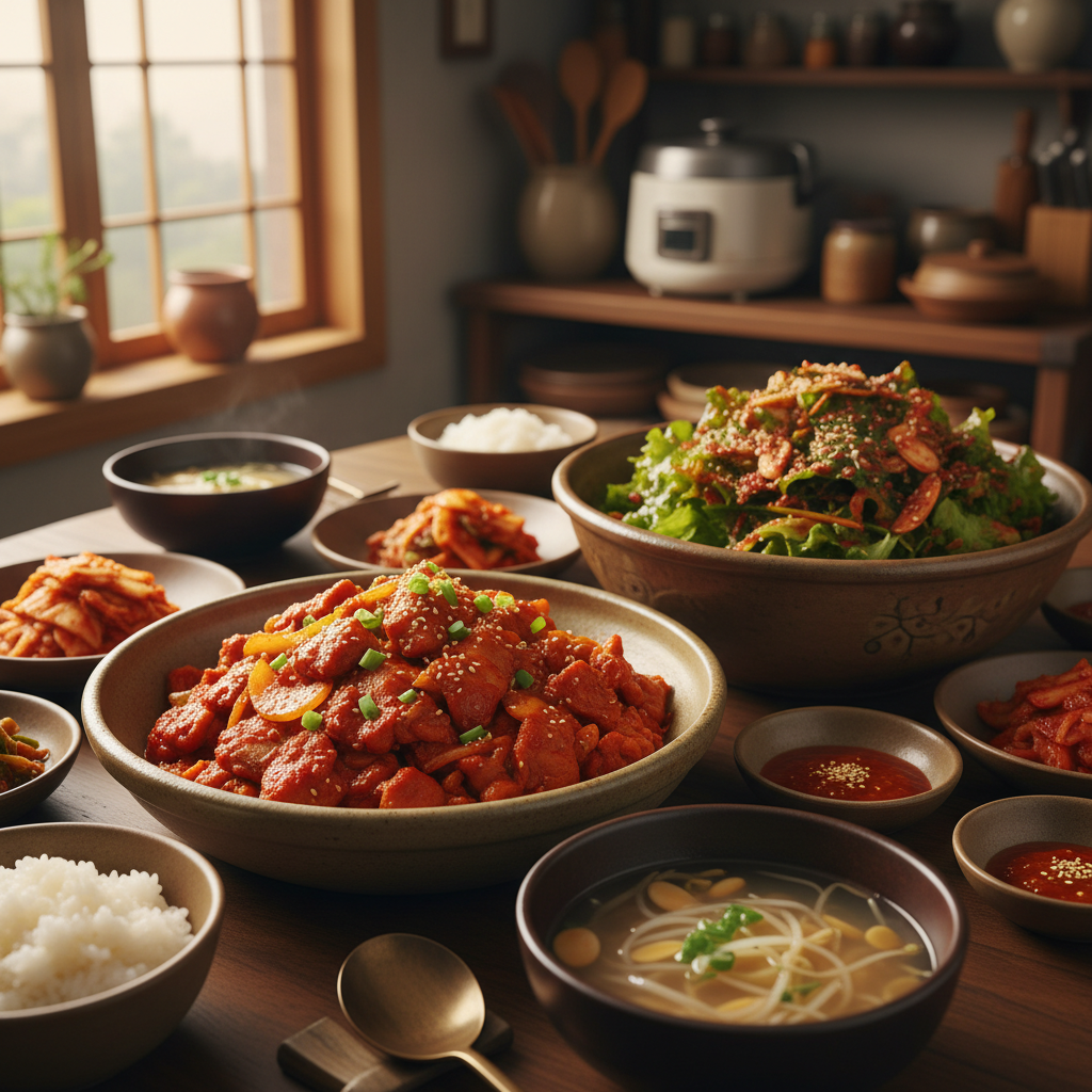 제육볶음 다음으로 곁들이기 좋은 음식과 함께 놓은 이미지