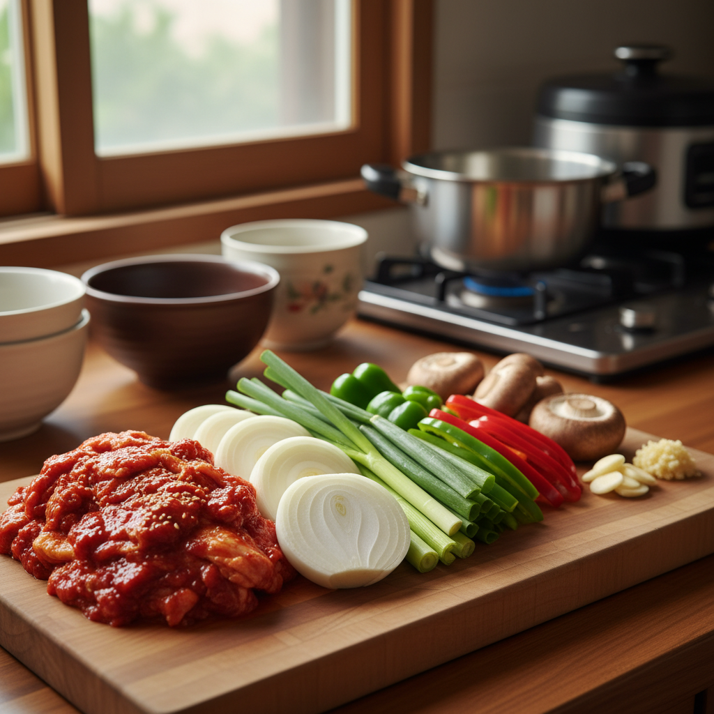 제육볶음 도마 위에 채소와 부재료를 정리한 이미지