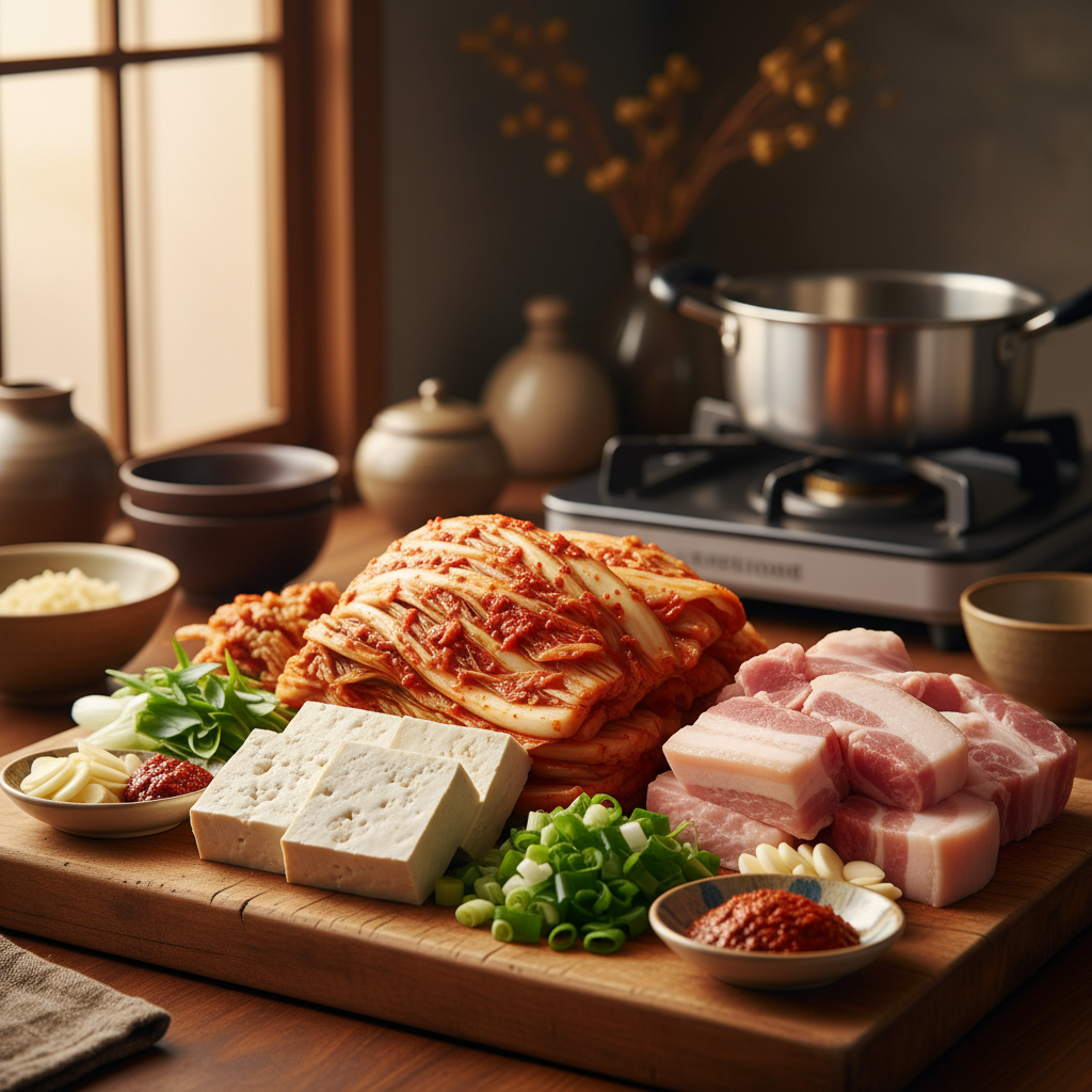 김치찌개 주재료를 손질 크기에 맞춰 정리한 이미지