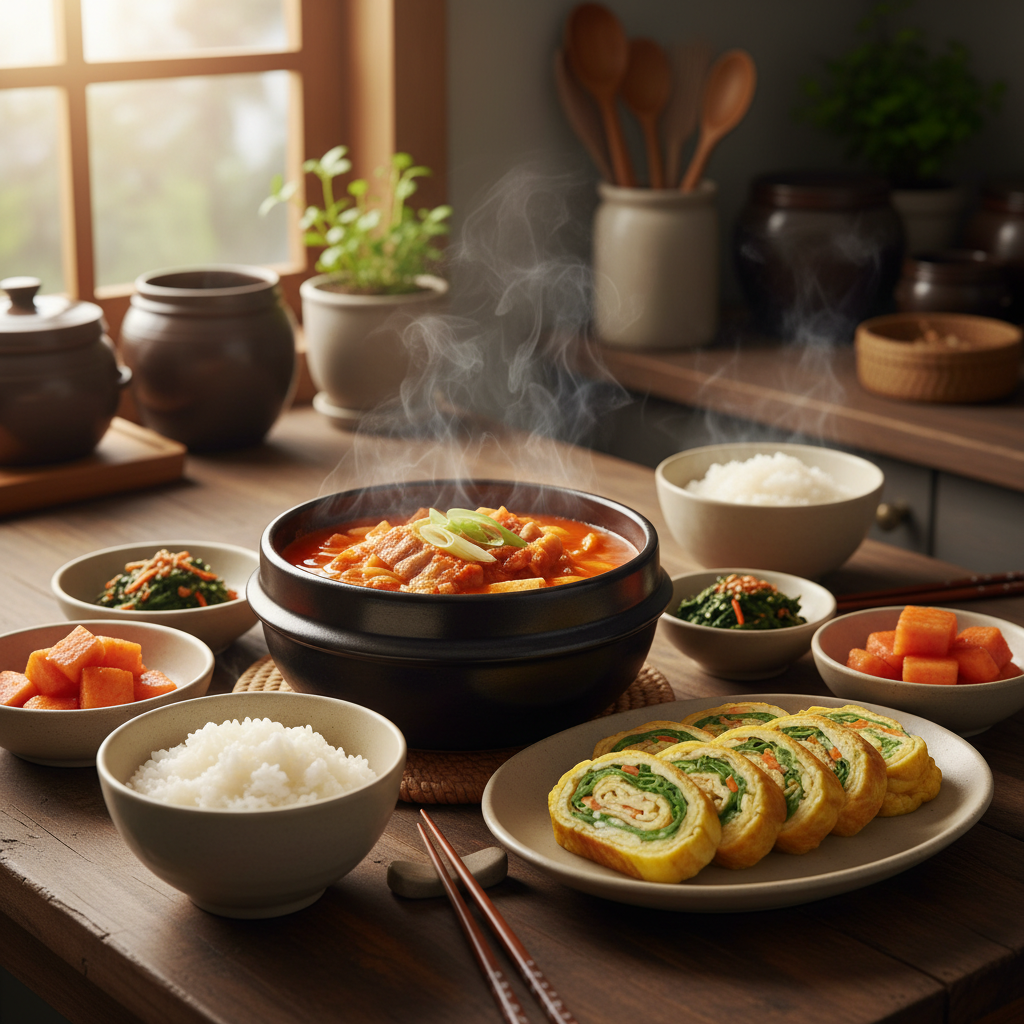 김치찌개 다음으로 곁들이기 좋은 음식과 함께 놓은 이미지