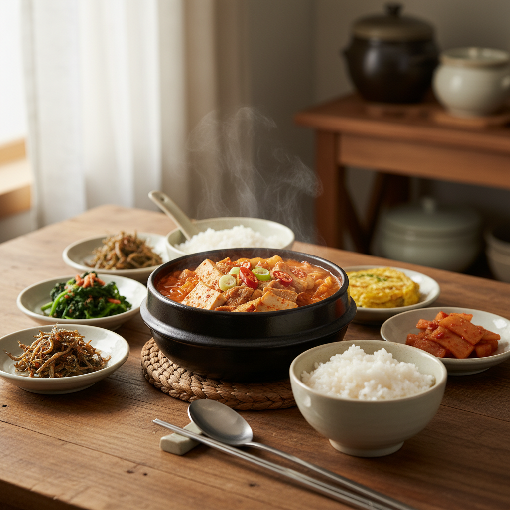 김치찌개 완성된 음식과 반찬을 함께 차린 이미지