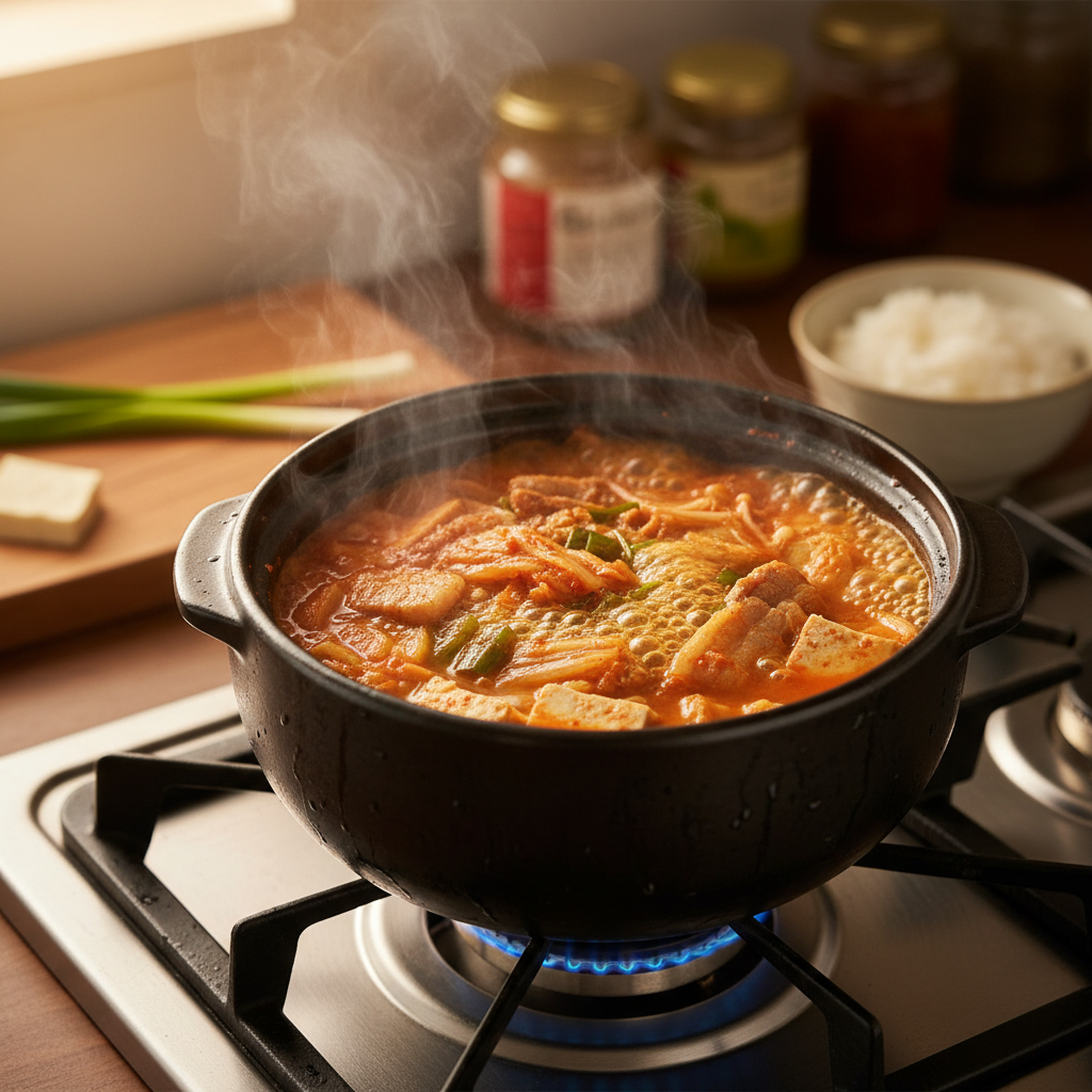 김치찌개 중간 불에서 익어가는 이미지