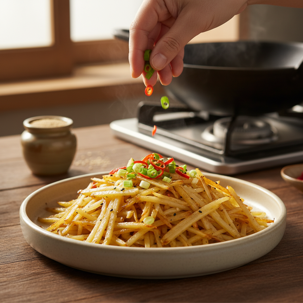 감자채볶음 대파나 마지막 재료를 넣는 이미지