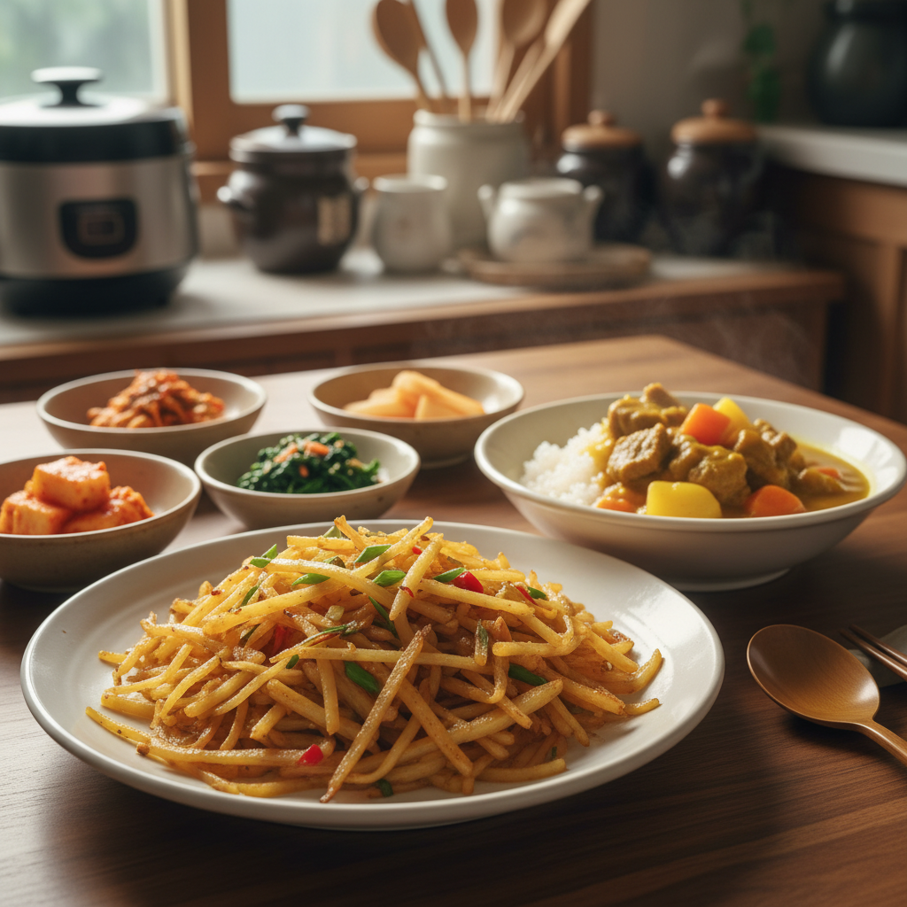 감자채볶음 다음으로 곁들이기 좋은 음식과 함께 놓은 이미지