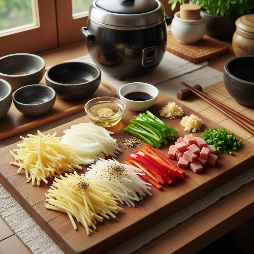 감자채볶음 도마 위에 채소와 부재료를 정리한 이미지