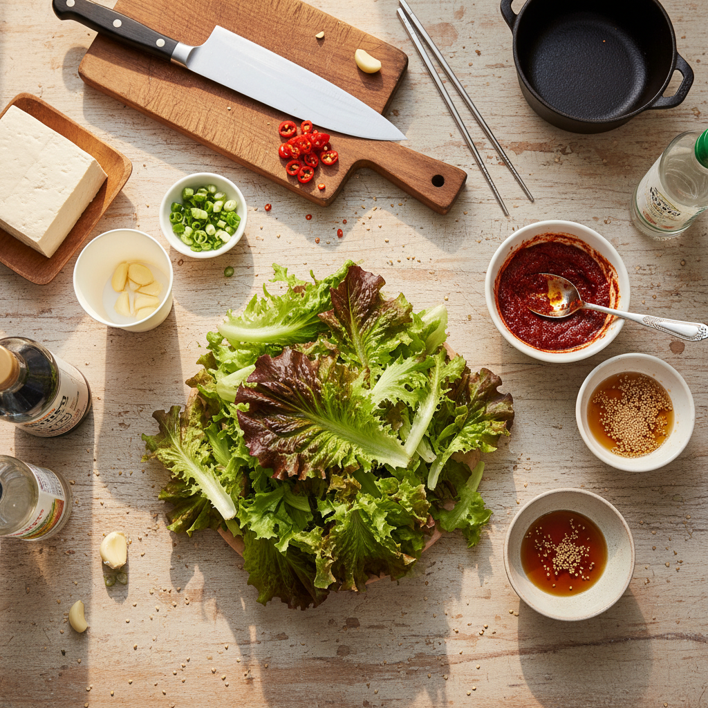 상추겉절이 재료를 종이컵과 밥숟가락 기준으로 준비한 이미지