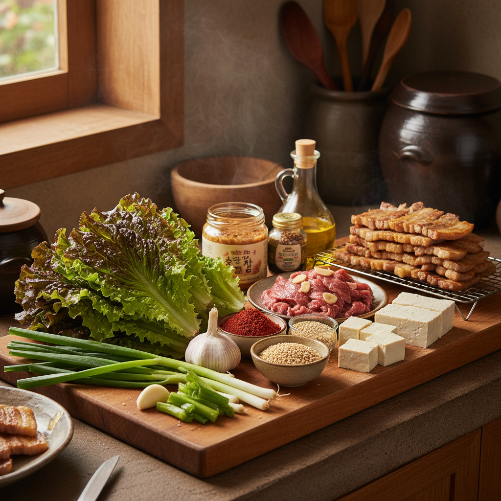 상추겉절이 도마 위에 채소와 부재료를 정리한 이미지