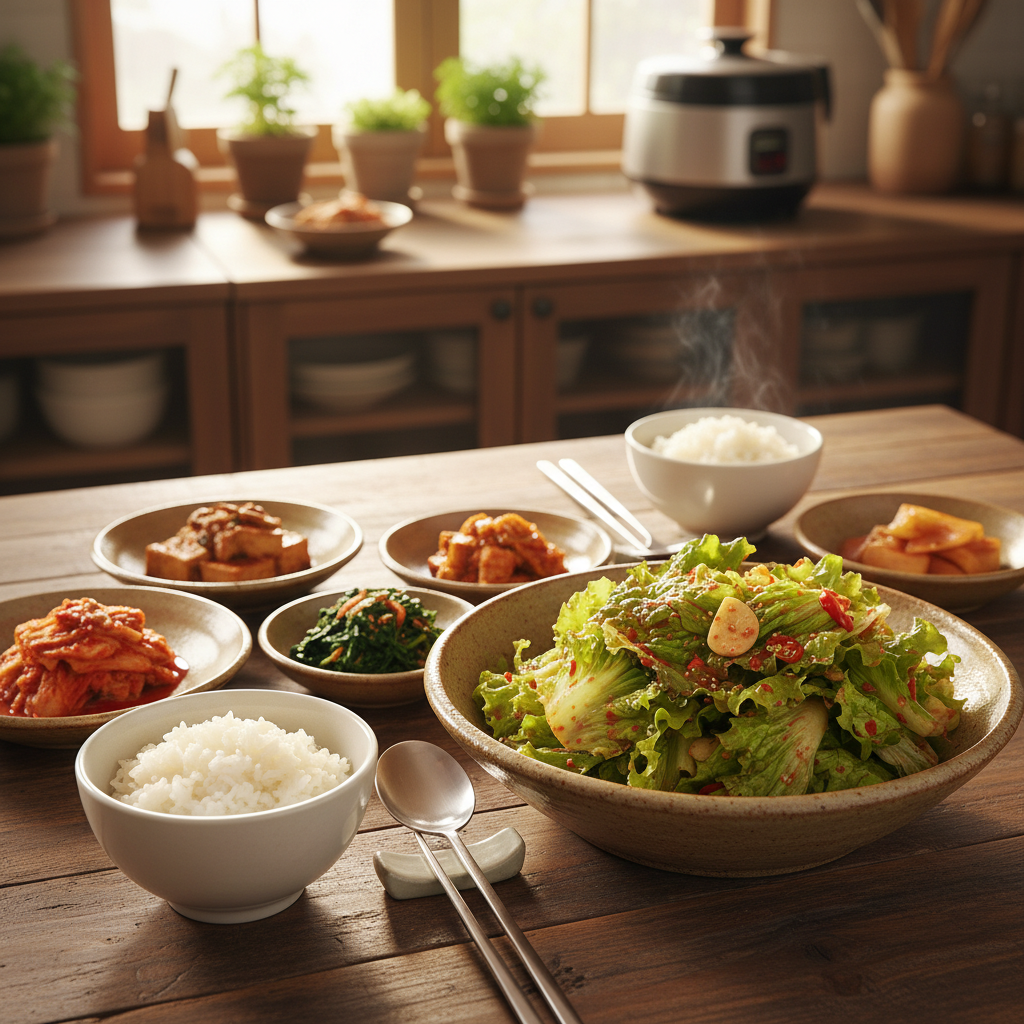 상추겉절이 완성된 음식과 반찬을 함께 차린 이미지