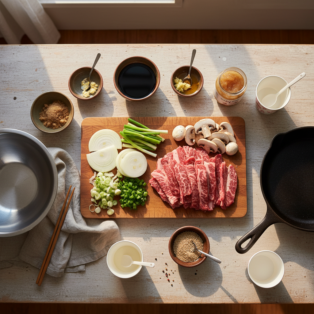 간장불고기 재료를 종이컵과 밥숟가락 기준으로 준비한 이미지