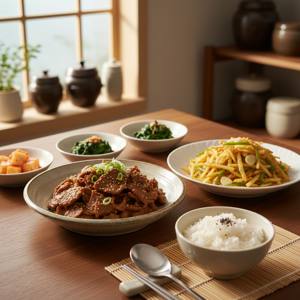 간장불고기 다음으로 곁들이기 좋은 음식과 함께 놓은 이미지