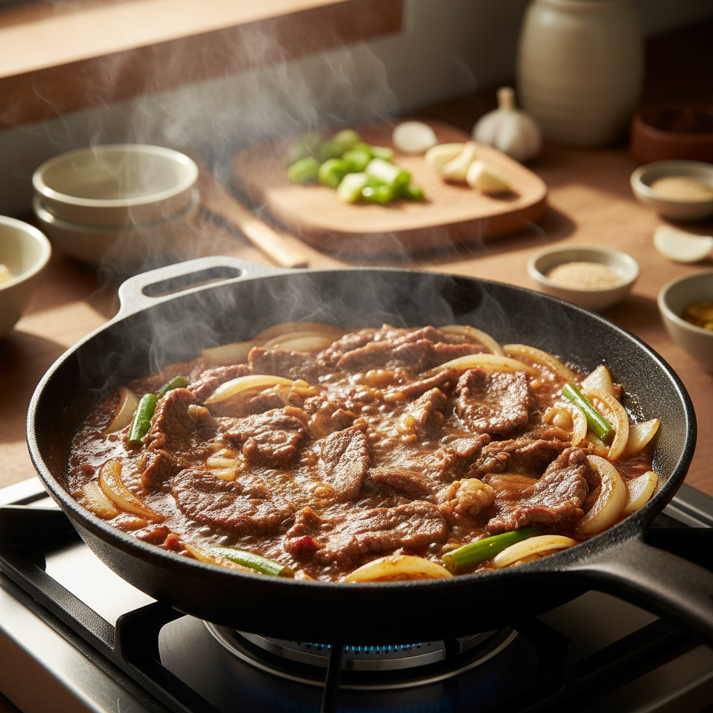 간장불고기 중간 불에서 익어가는 이미지