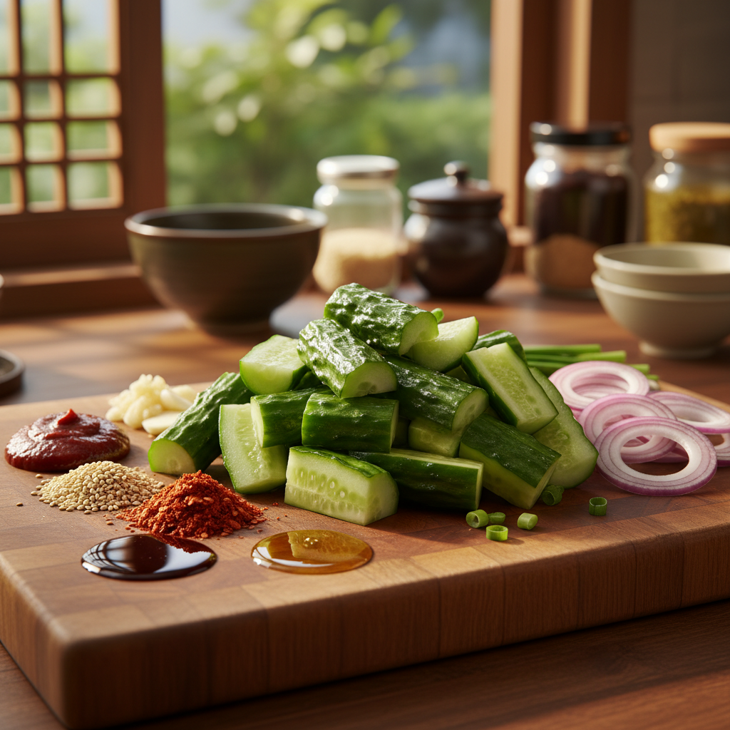 오이무침 주재료를 손질 크기에 맞춰 정리한 이미지