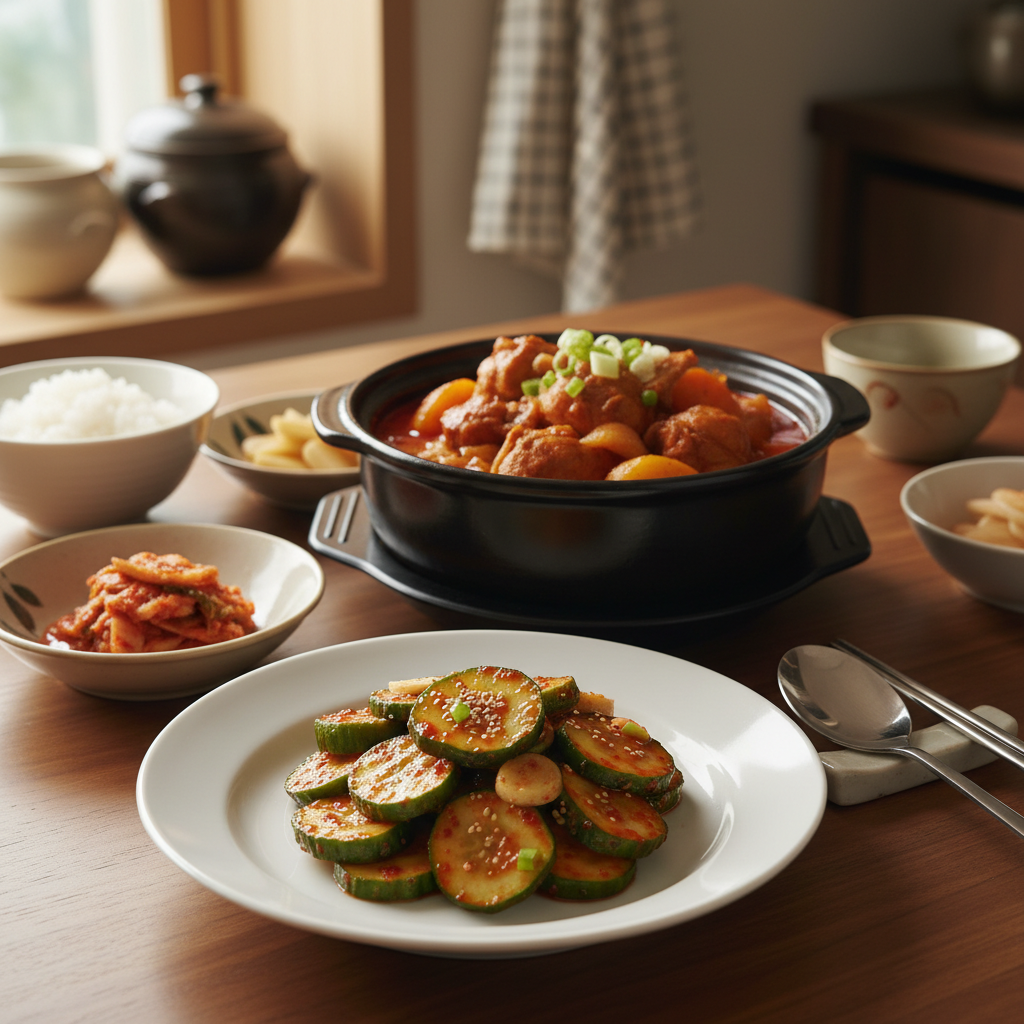 오이무침 다음으로 곁들이기 좋은 음식과 함께 놓은 이미지