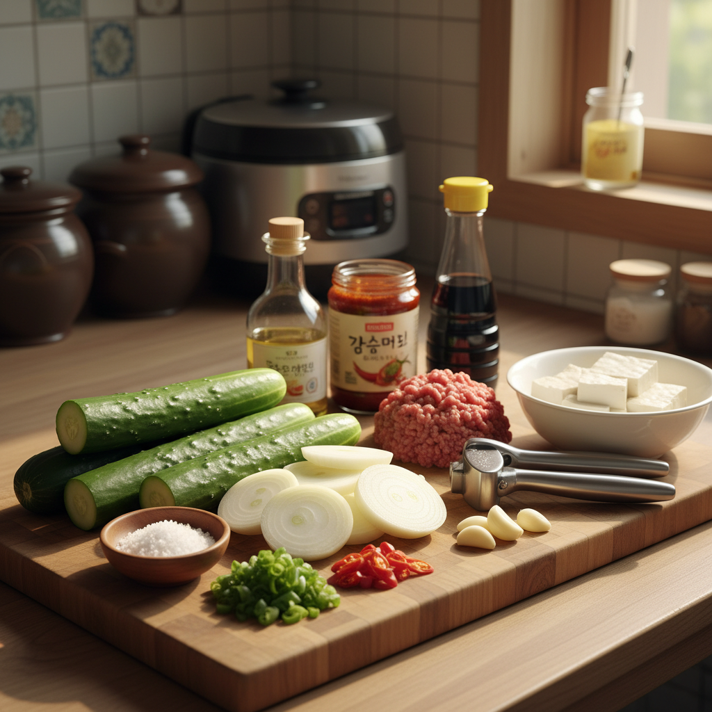 오이무침 도마 위에 채소와 부재료를 정리한 이미지