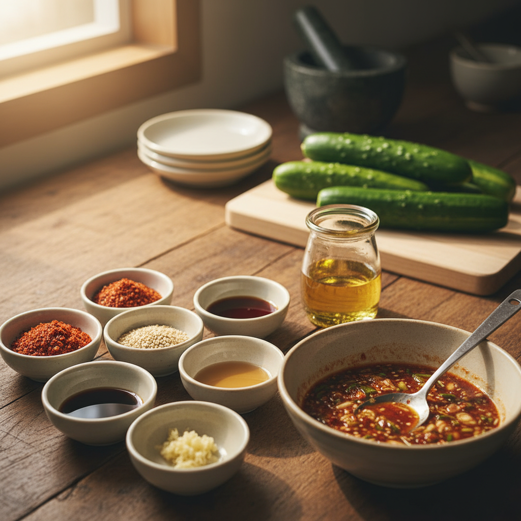 오이무침 밥숟가락 기준 양념을 소분한 이미지