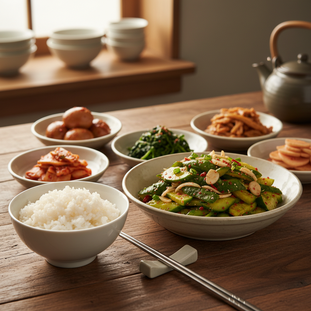 오이무침 완성된 음식과 반찬을 함께 차린 이미지