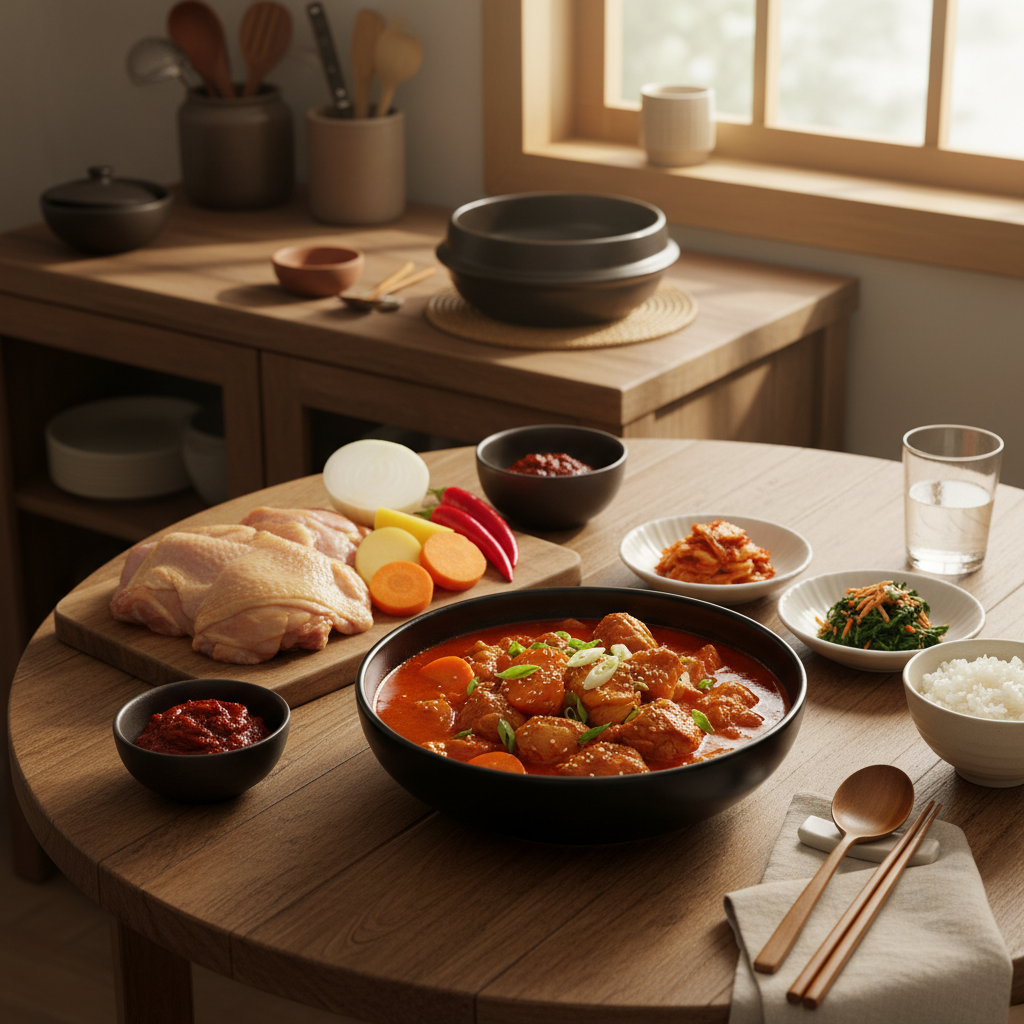 닭볶음탕 완성된 한 상 차림 이미지