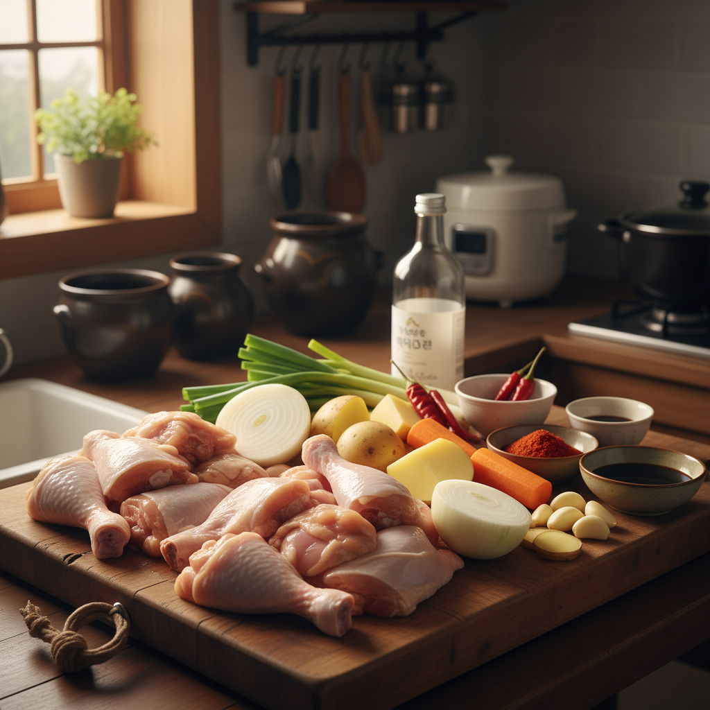 닭볶음탕 주재료를 손질 크기에 맞춰 정리한 이미지