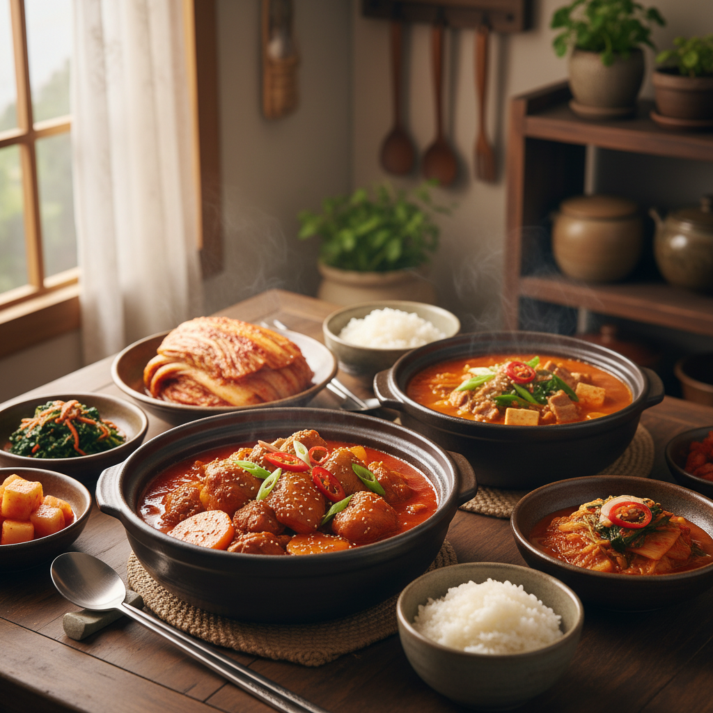 닭볶음탕 다음으로 곁들이기 좋은 음식과 함께 놓은 이미지