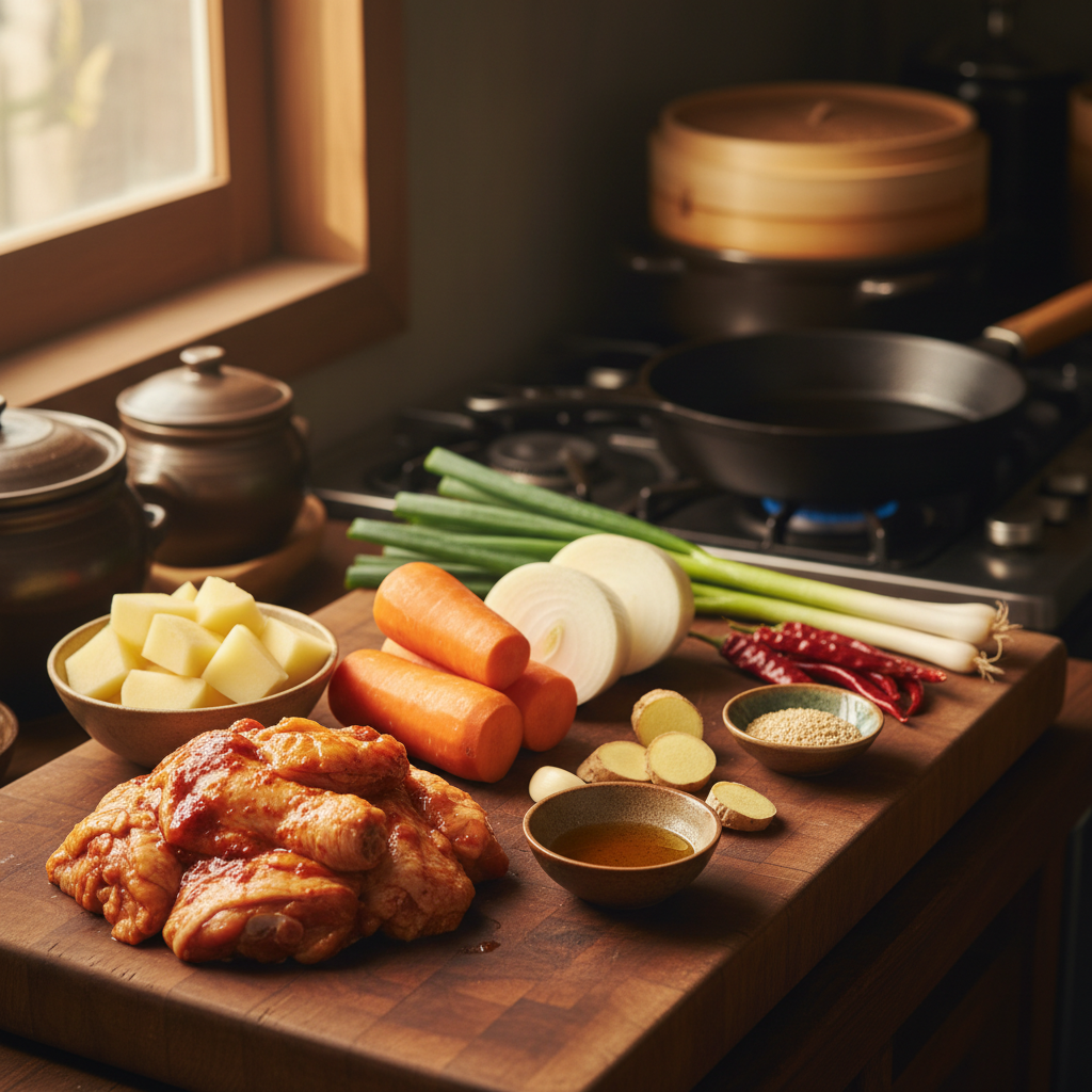 닭볶음탕 도마 위에 채소와 부재료를 정리한 이미지
