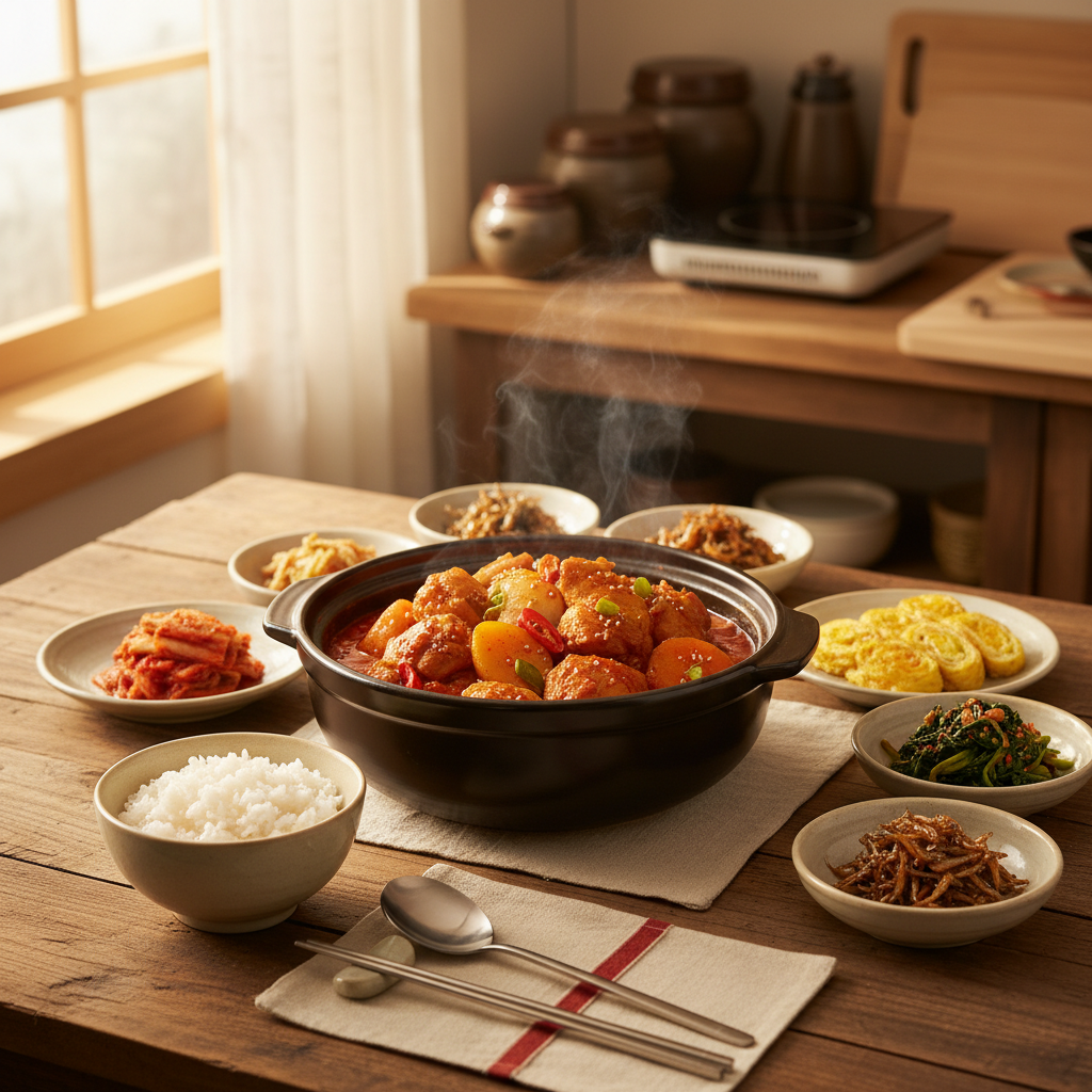 닭볶음탕 완성된 음식과 반찬을 함께 차린 이미지