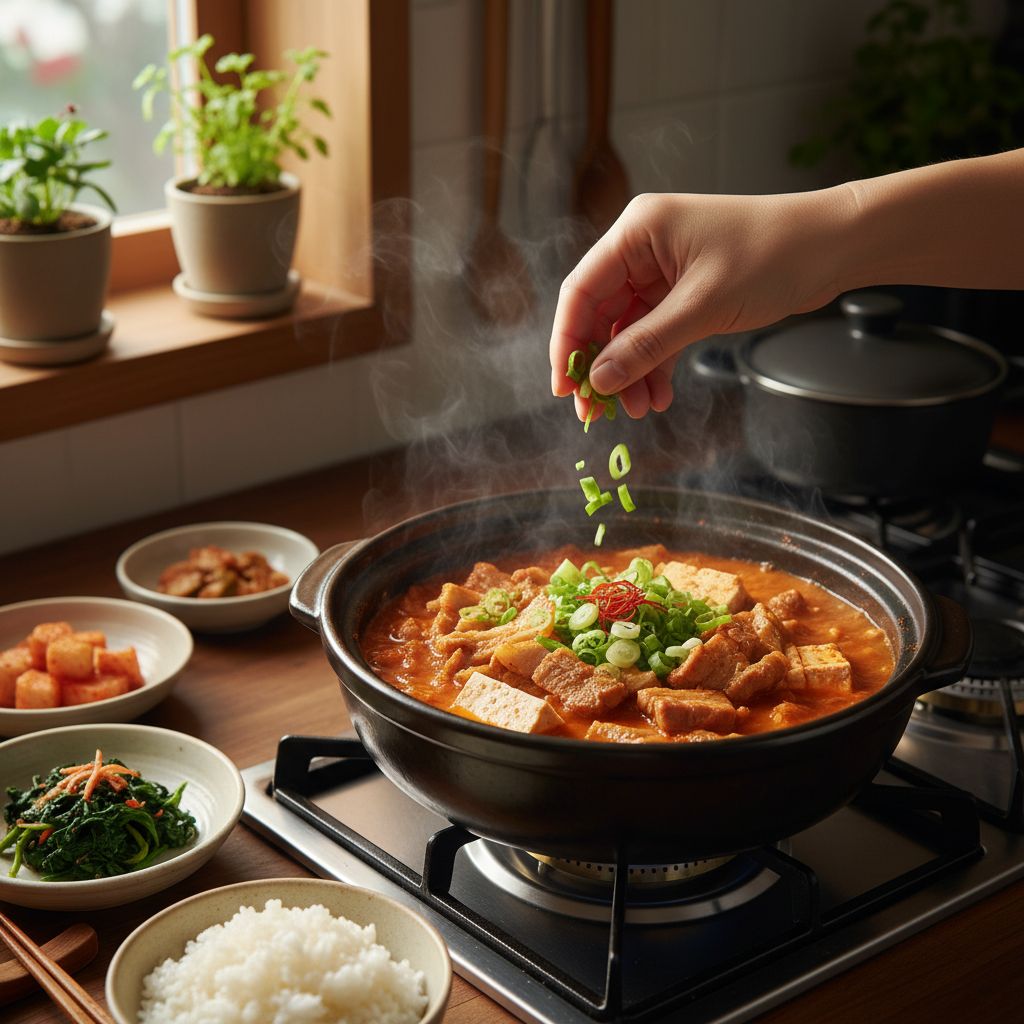김치찌개 대파나 마지막 재료를 넣는 이미지