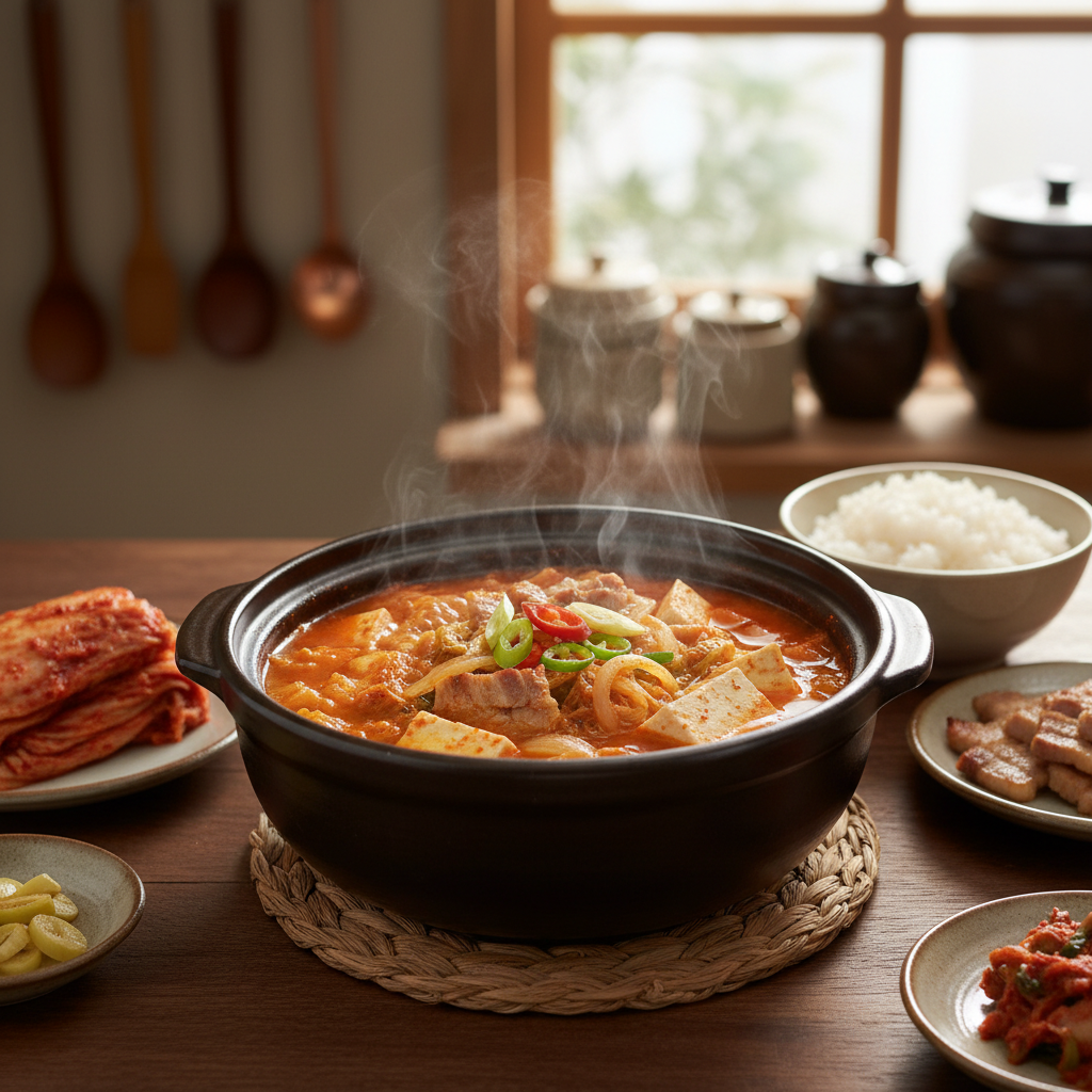 김치찌개 완성된 한 상 차림 이미지