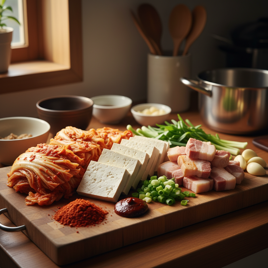 김치찌개 주재료를 손질 크기에 맞춰 정리한 이미지