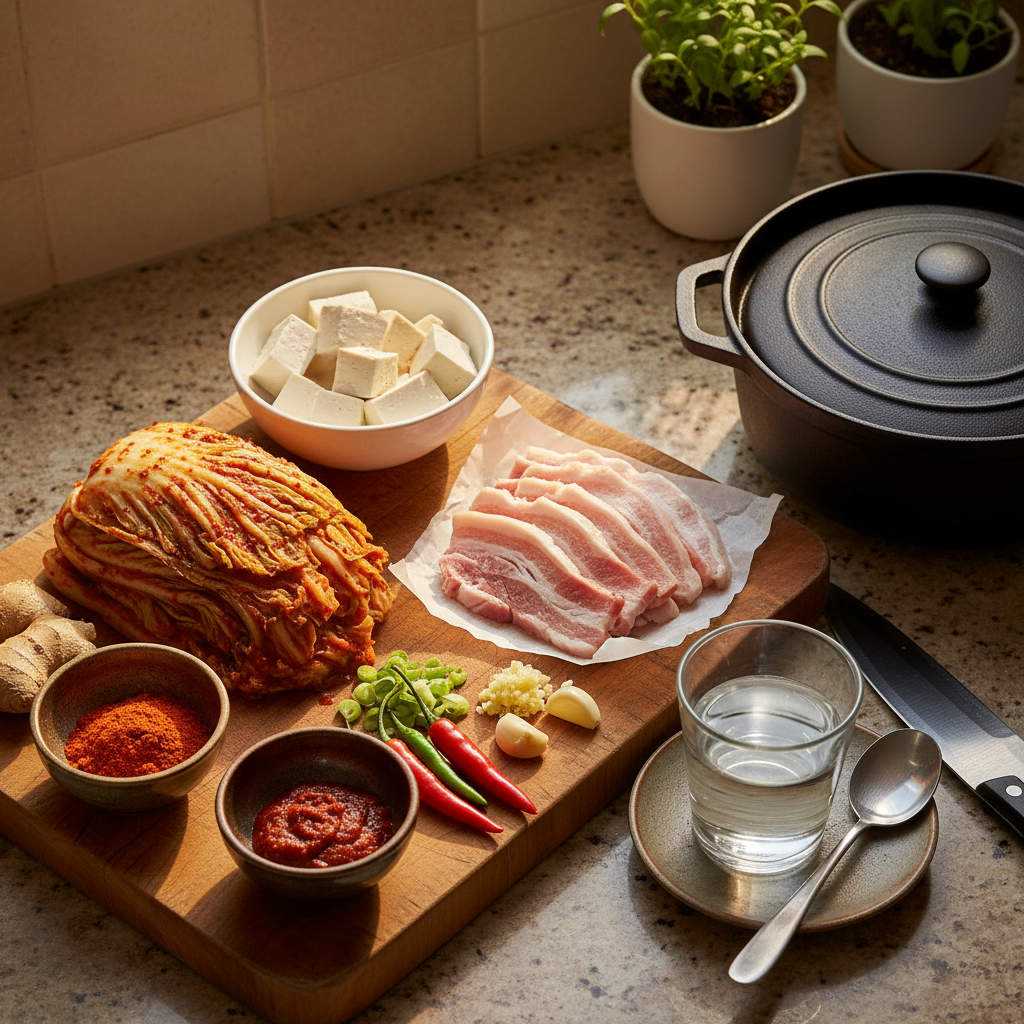 김치찌개 재료를 종이컵과 밥숟가락 기준으로 준비한 이미지