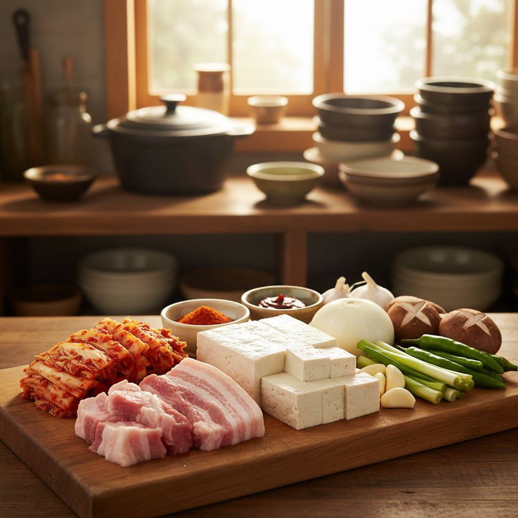 김치찌개 도마 위에 채소와 부재료를 정리한 이미지