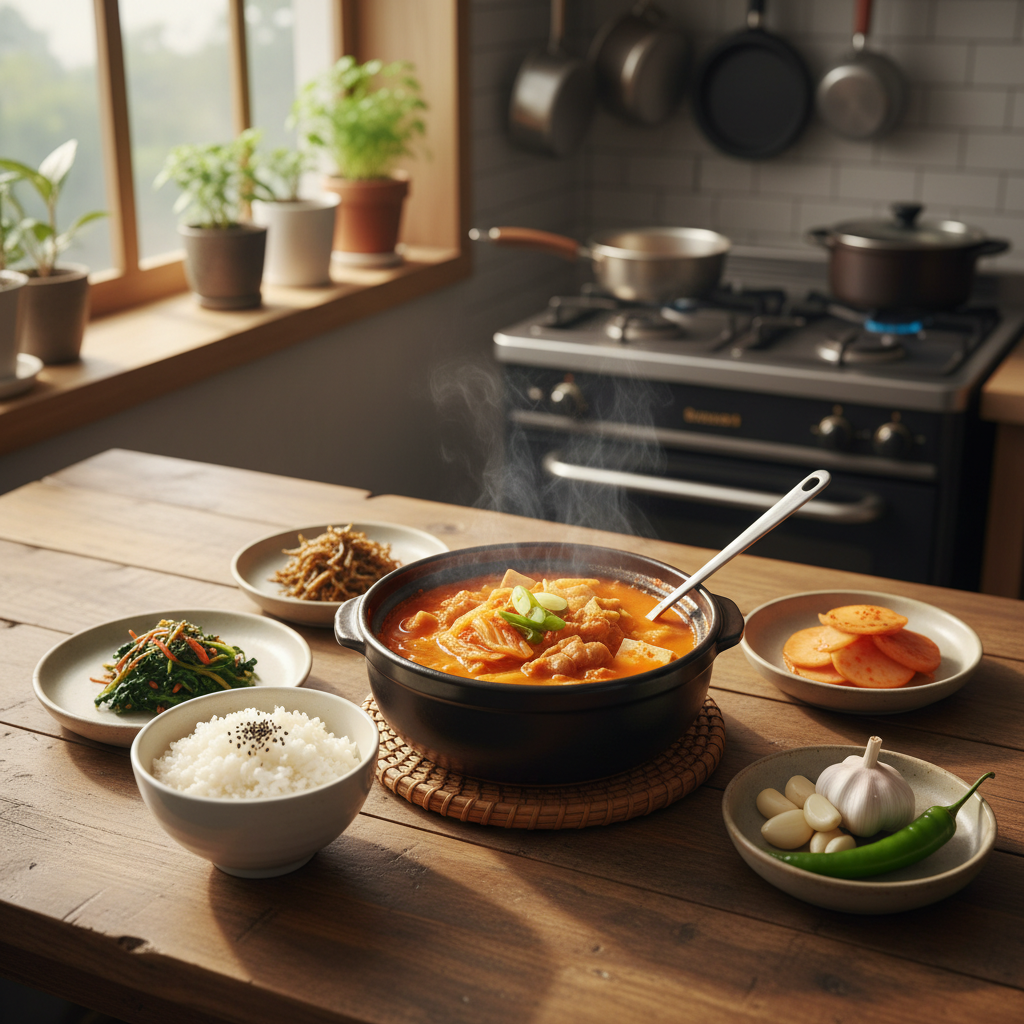 김치찌개 완성된 음식과 반찬을 함께 차린 이미지