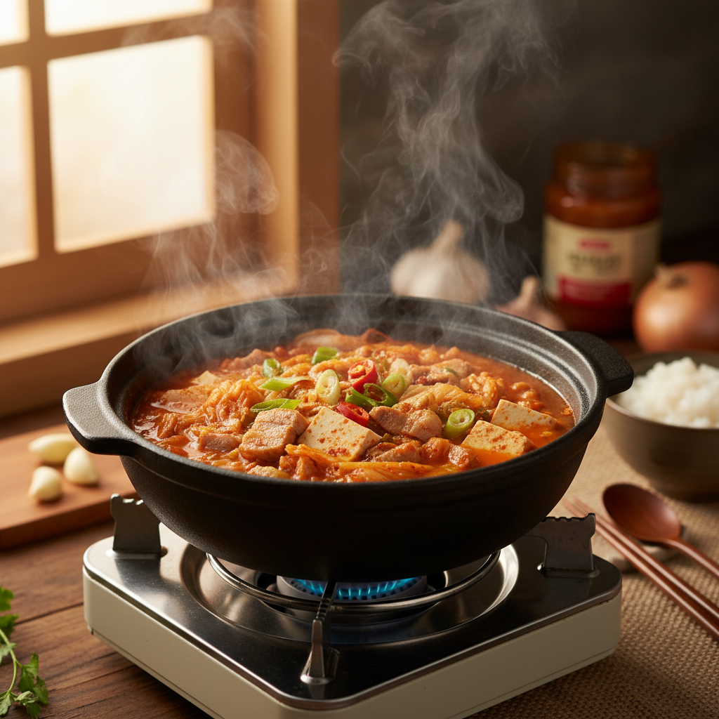 김치찌개 중간 불에서 익어가는 이미지