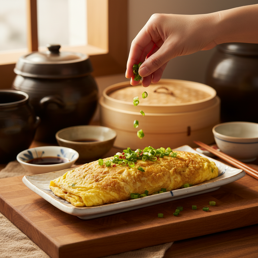 계란말이 대파나 마지막 재료를 넣는 이미지