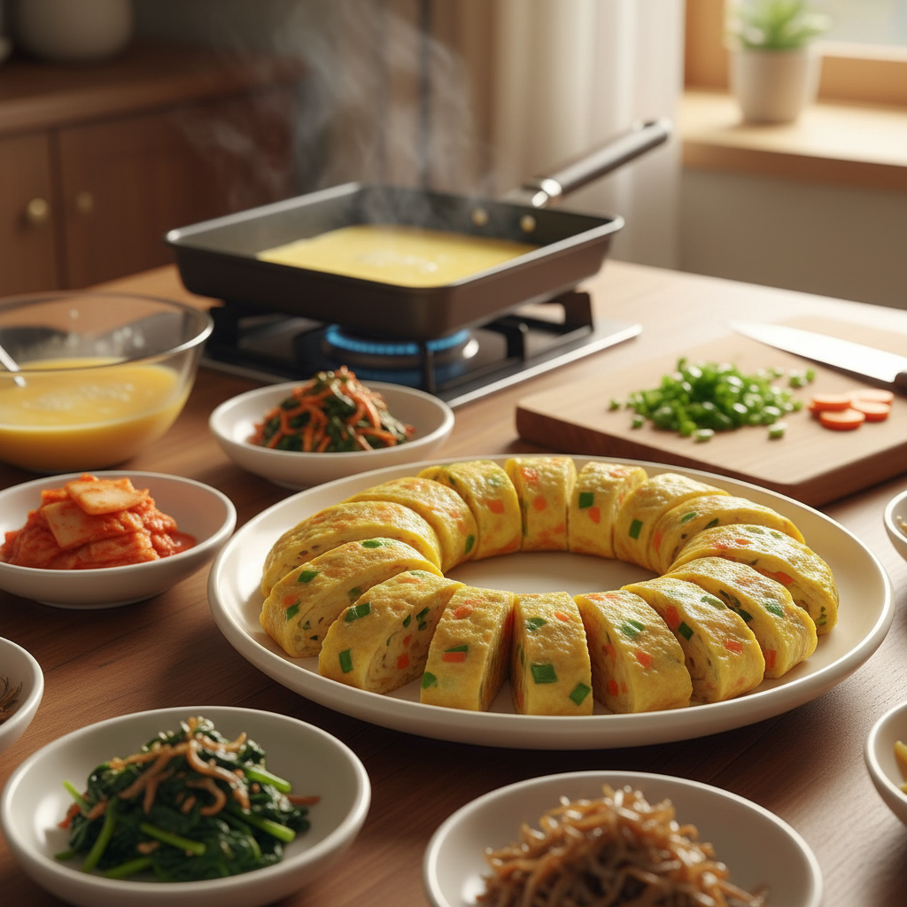 계란말이 완성된 한 상 차림 이미지